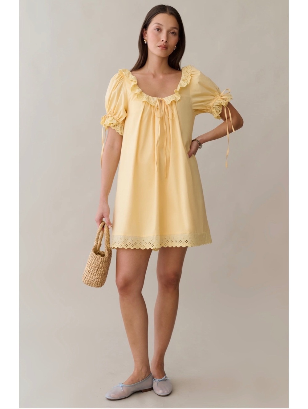 Kourt By Few Moda Juliet Cotton Lace Trim Mini Dress Size XS Light Yellow